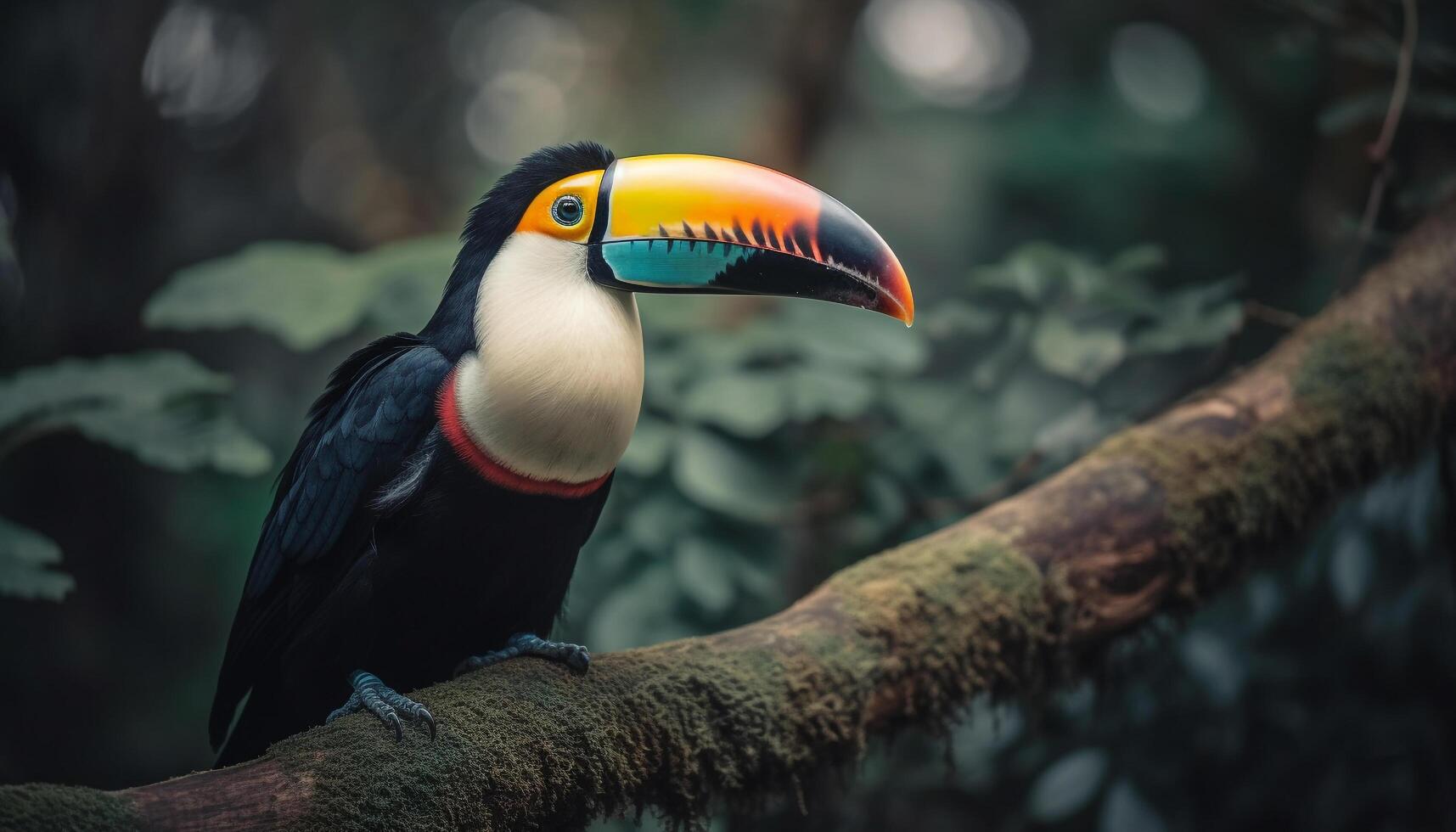Tropical toucan perching on branch, vibrant feathers and beak generated by AI photo