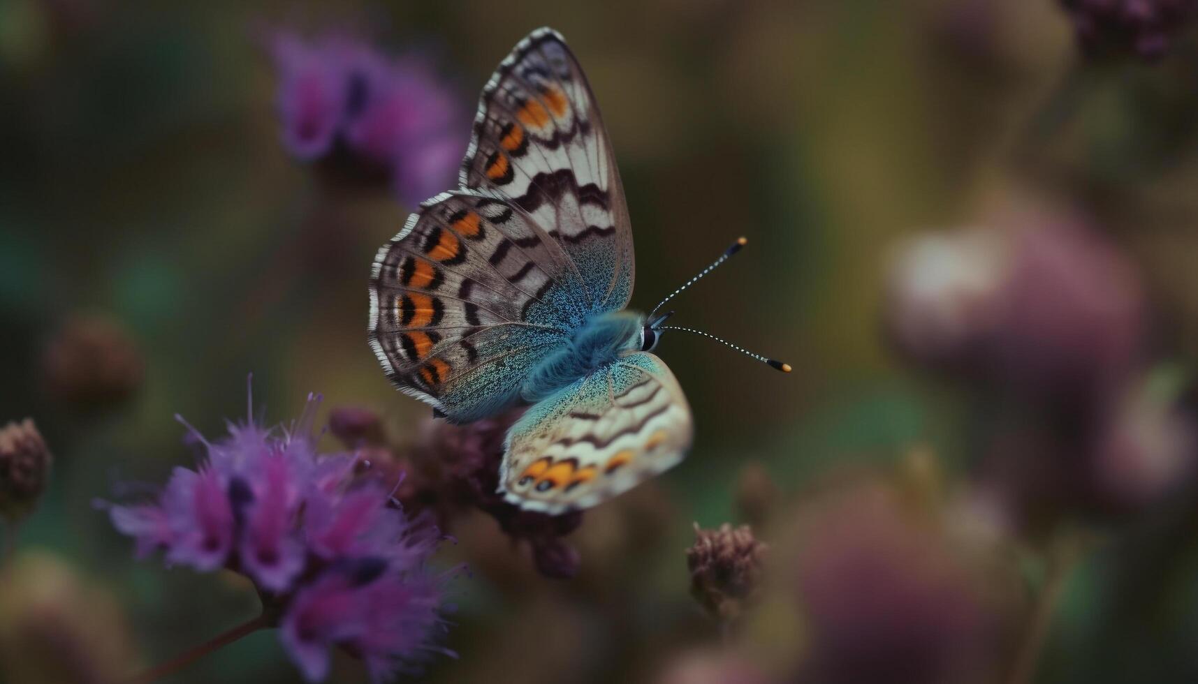 rojo almirante mariposa en púrpura flor en tranquilo jardín escena generado por ai foto