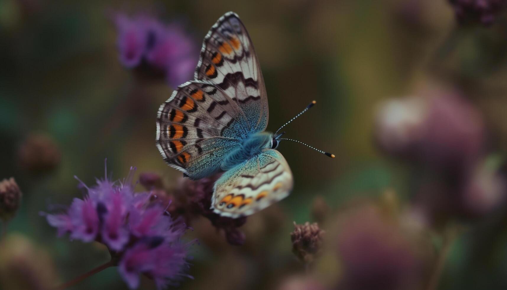 Red Admiral butterfly on purple flower in tranquil garden scene generated by AI photo