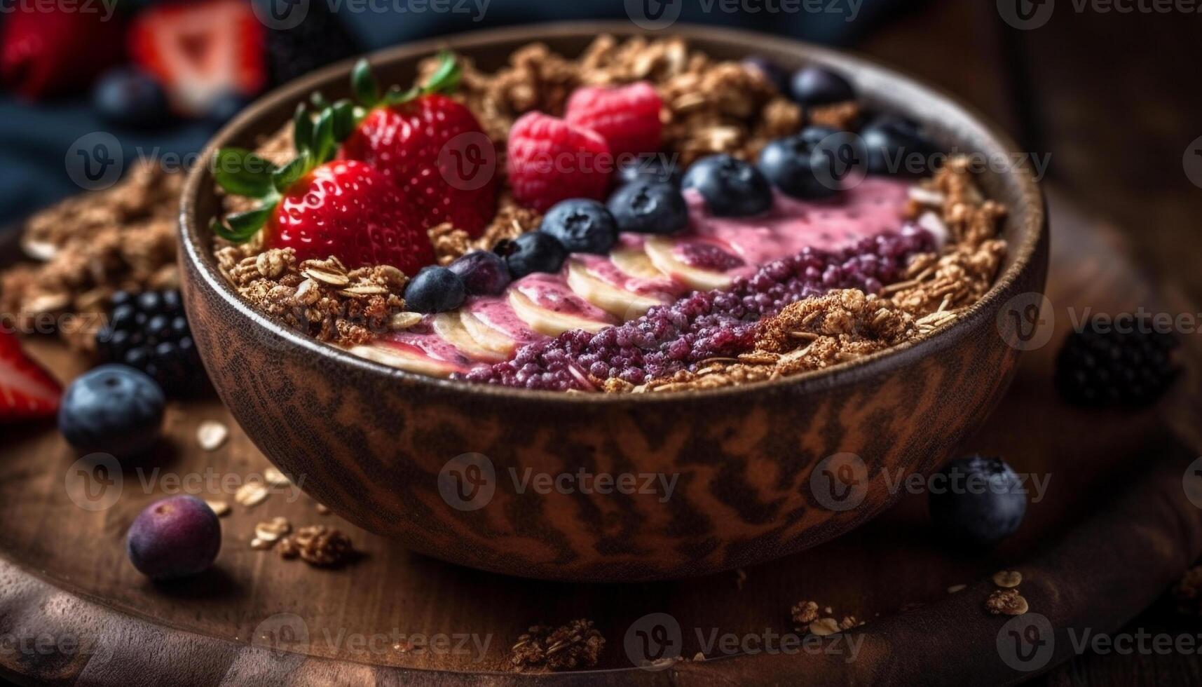 Fresh berry parfait with granola, yogurt, and honey drizzle generated by AI photo