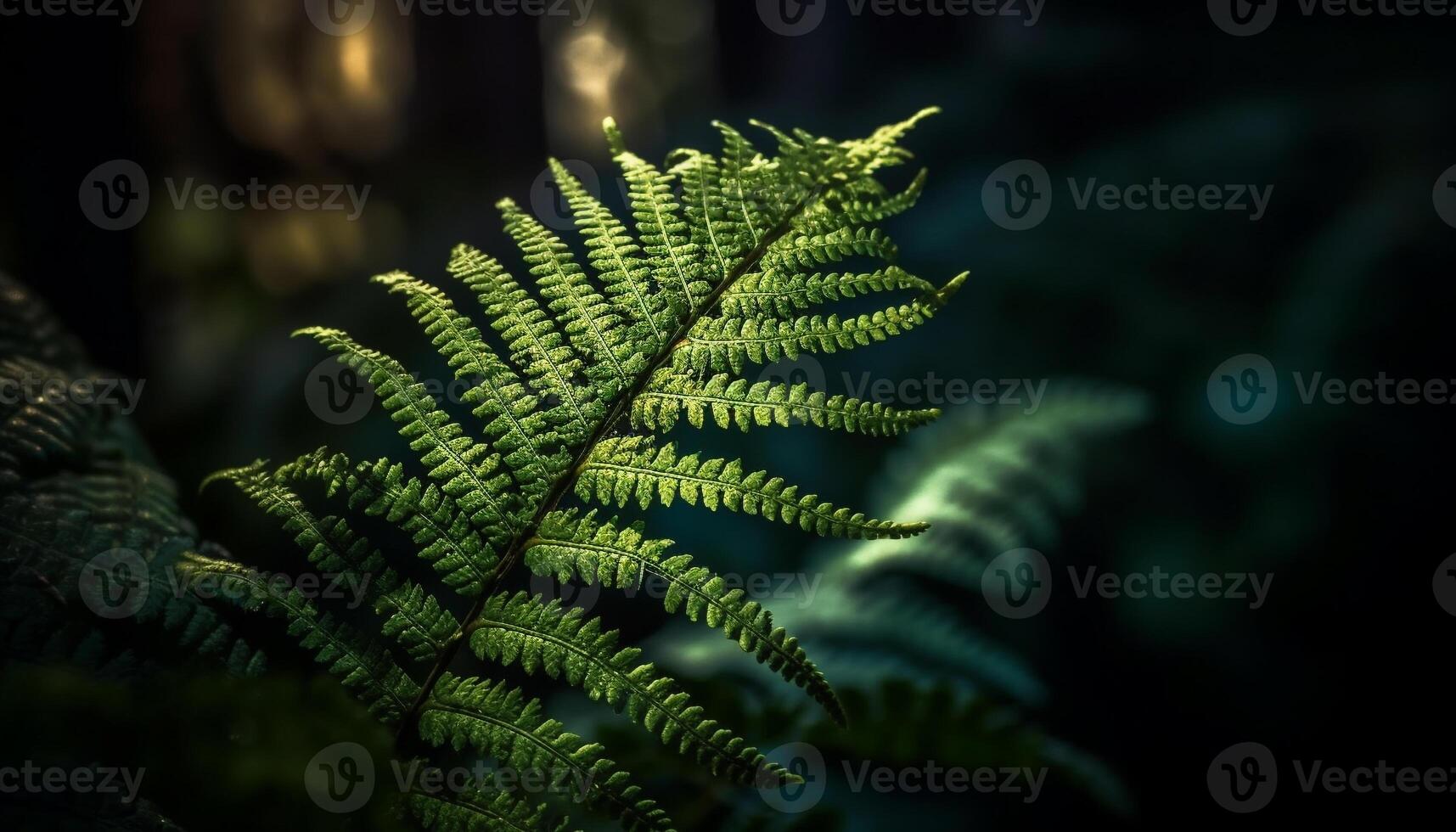 Vibrant frond growth in tropical rainforest, wet with dew drops generated by AI photo