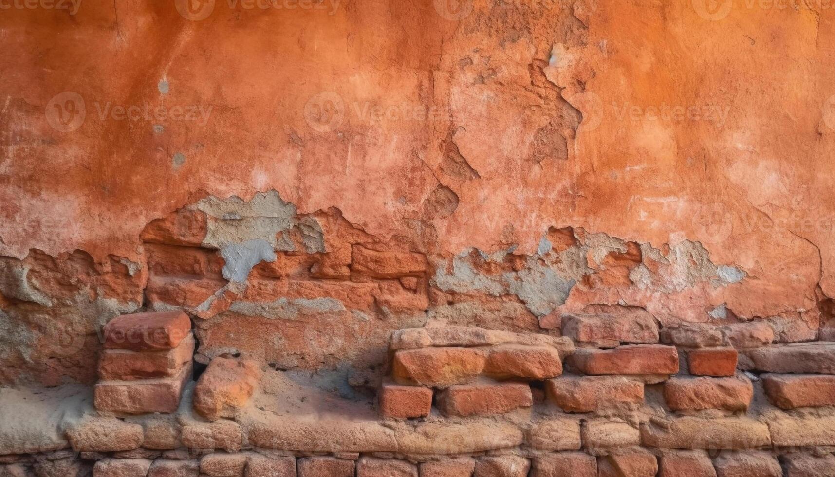 Weathered brick wall with rusty stains creates abstract backdrop design generated by AI photo