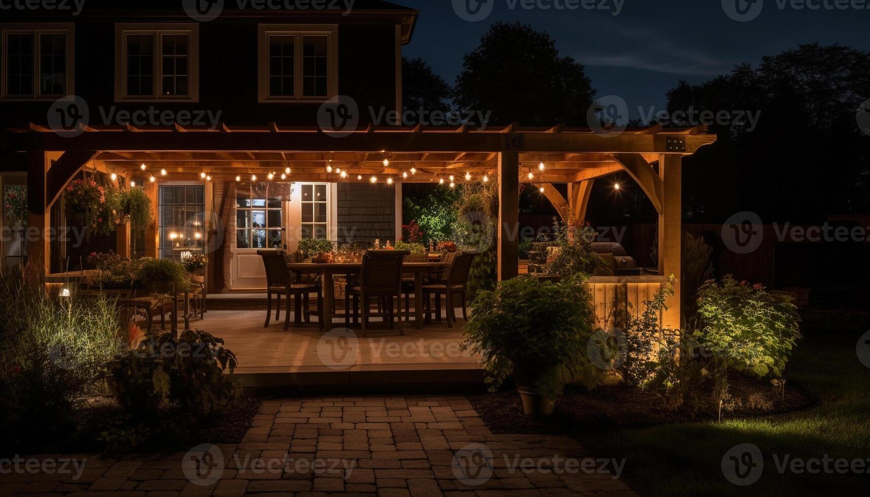 Luxury modern table illuminated by lanterns in a formal garden generated by AI photo