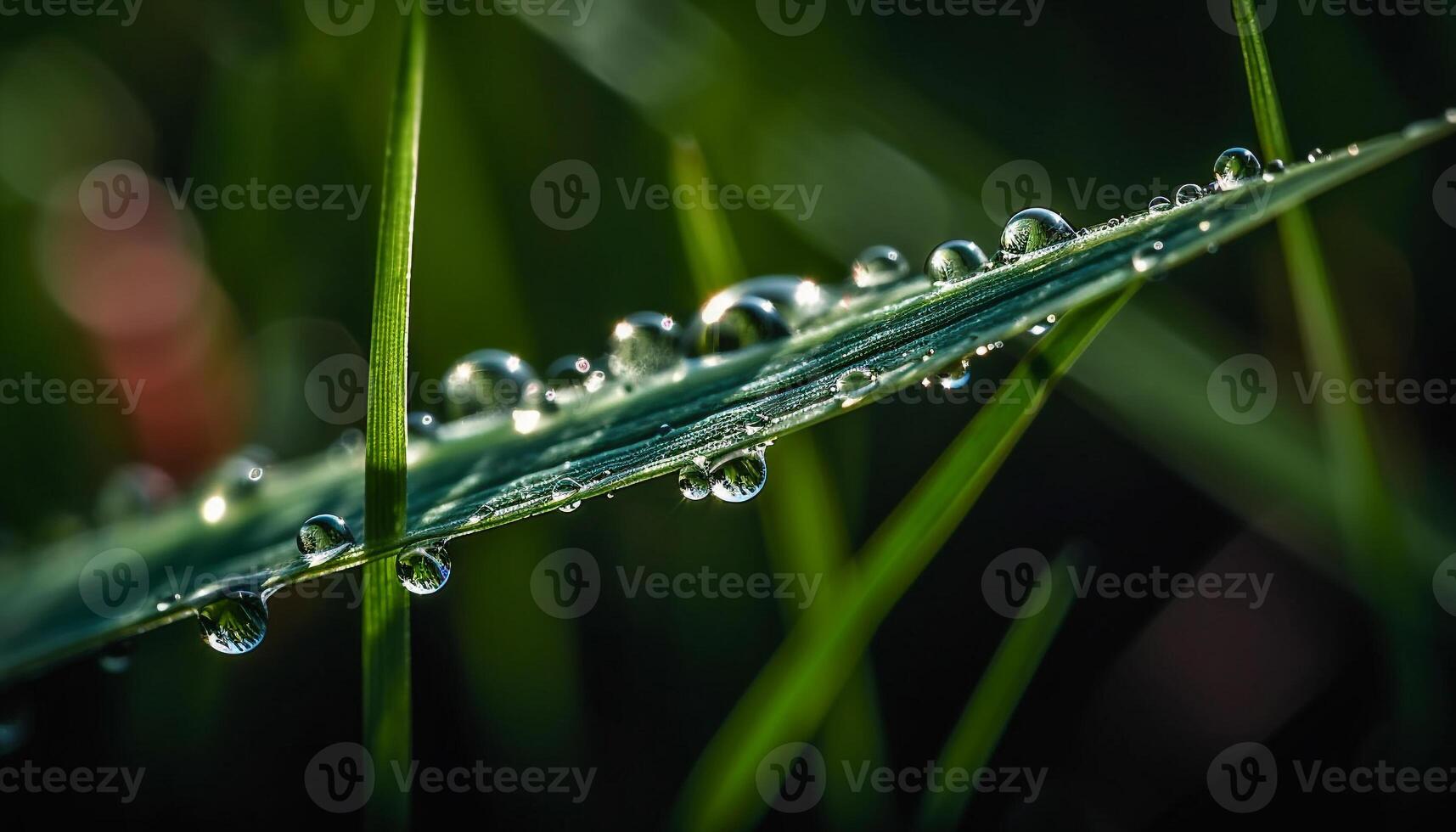 Vibrant green grass blade reflects dew drop in tranquil meadow generated by AI photo