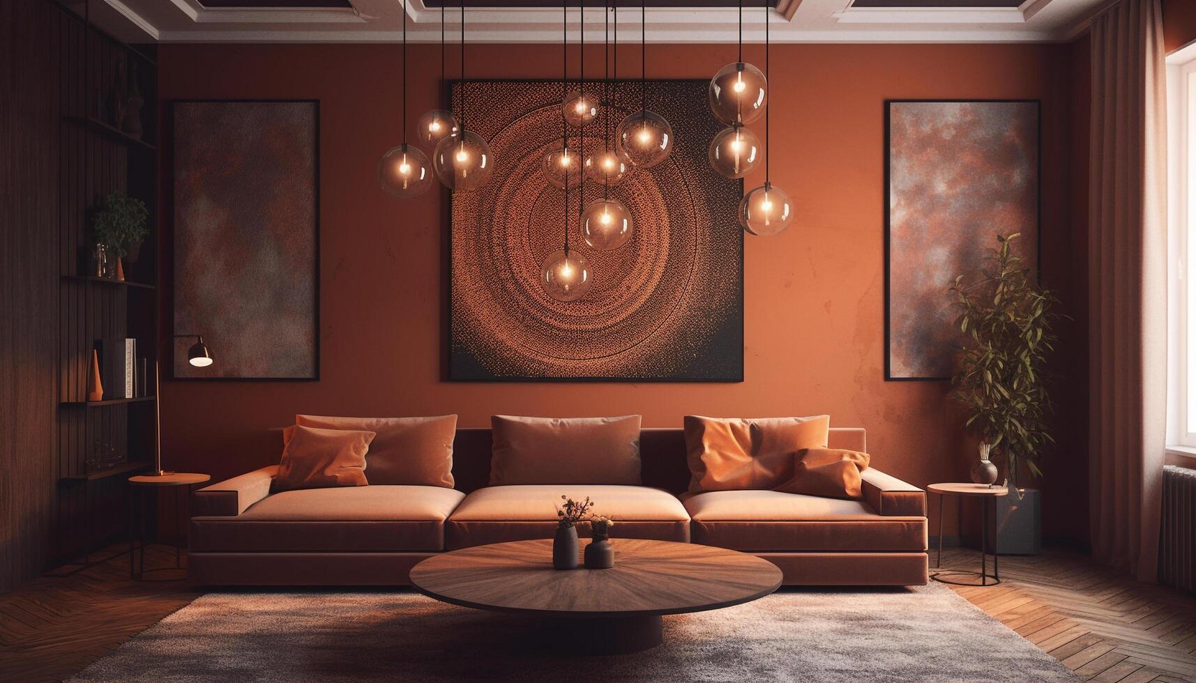 Luxury modern apartment with comfortable sofa, elegant decor, and lighting generated by AI photo