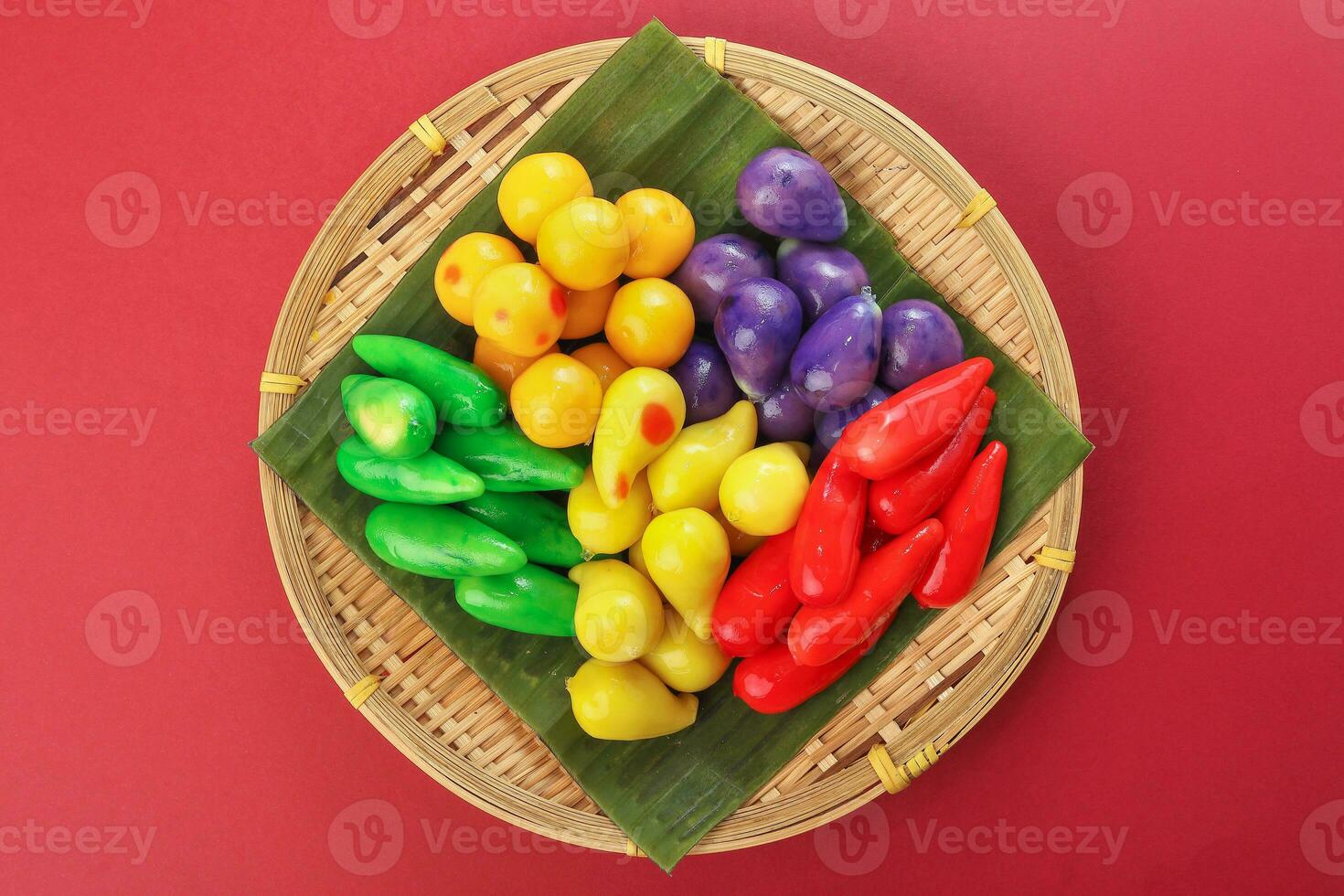 Colourful Luk chup look choop tadeonal Thai desert sweets candy creatve variety photo