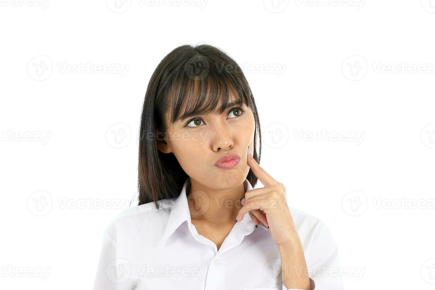 Facial Expression Young Asian woman office attire white background photo