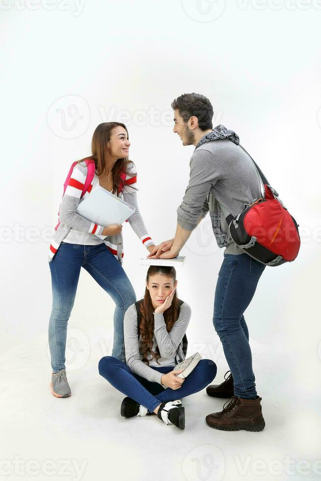 Yong south east Asian middle eastern Caucasian youth man woman in casual dress bag carrying book sit on floor stand bully ragging sad happy smile on white background photo