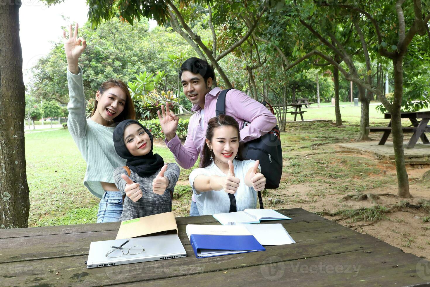 joven asiático malayo chino hombre mujer al aire libre parque libro archivo carpeta ordenador portátil computadora teléfono sentar estar estudiar mezclarse foto