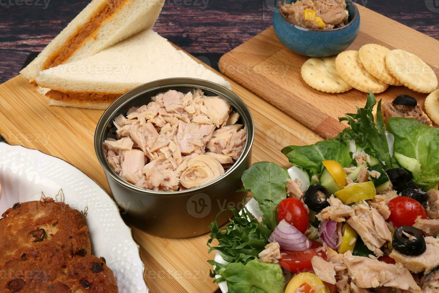 Tin can tuna fish meat chunk flake product recipes salad spread topping tapas cracker sandwich patty burger kebab on wooden black slate board over rustic wooden table photo