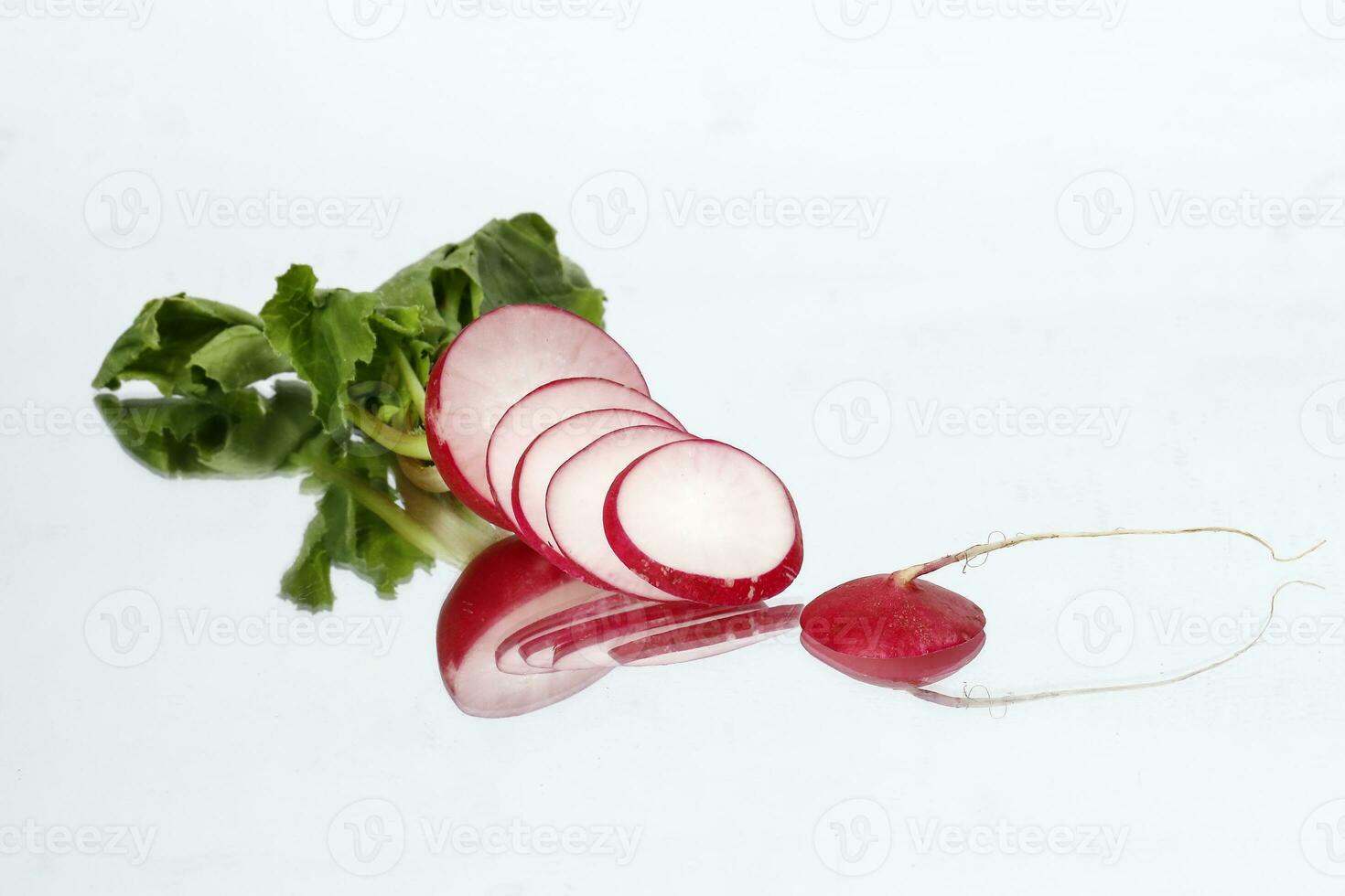 Small red radish on white reflection ackground photo