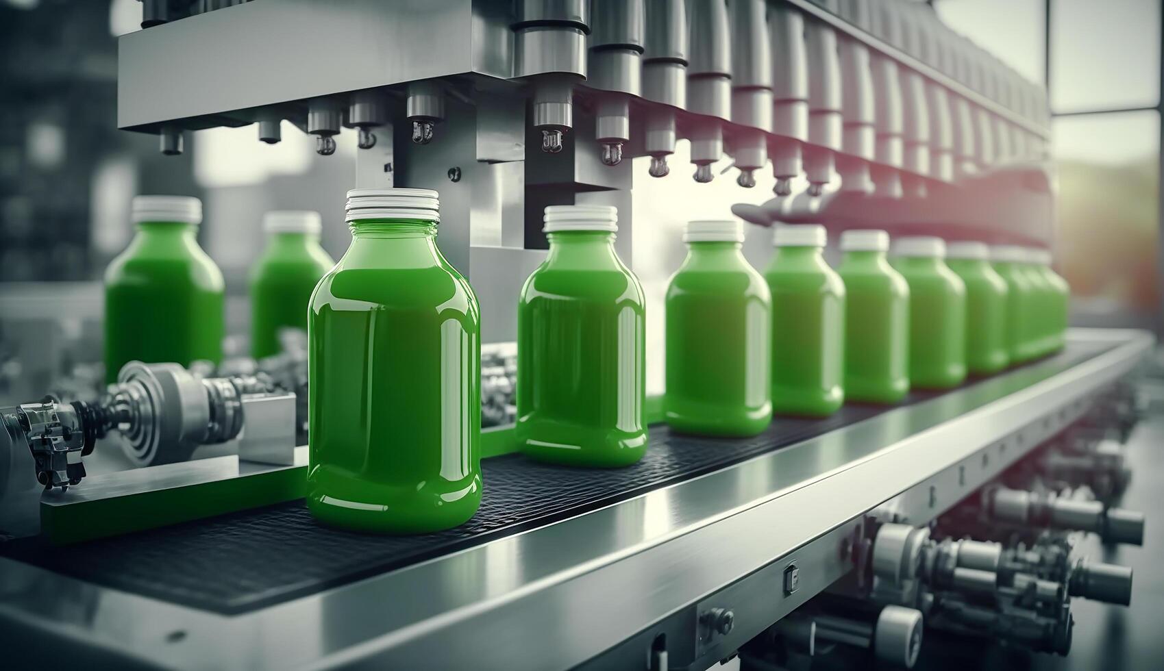 belt or line in fresh green beverage with modern automated industrial machine equipment, Bottling plant and colorful juice beverage plastic bottle in factory, photo