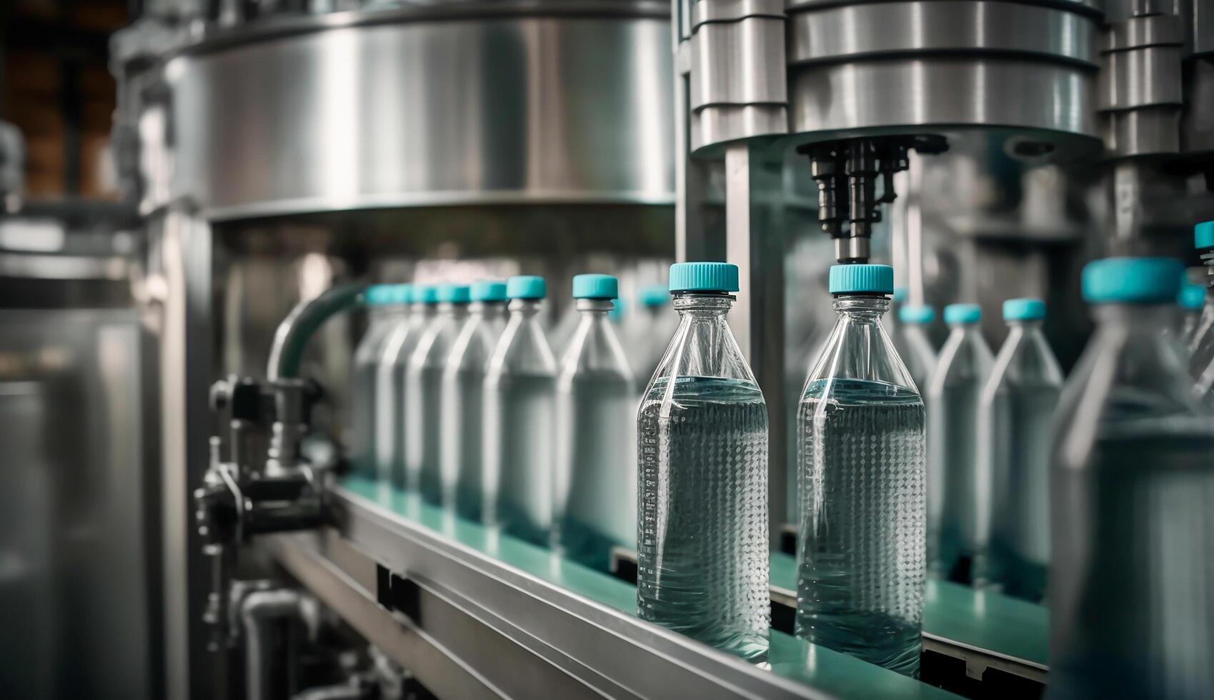Line of bottling beverages in plastic bottles on clean light factory, photo