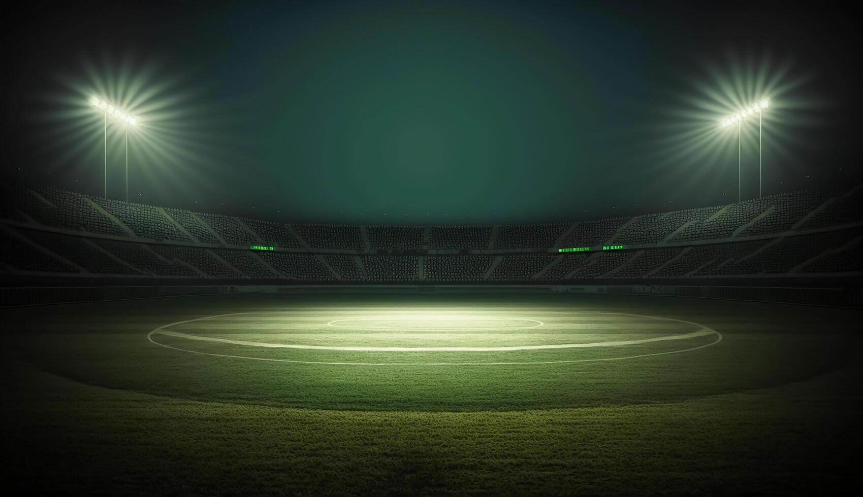 soccer stadium illuminated by spotlights and empty green grass playground, big stadium, photo