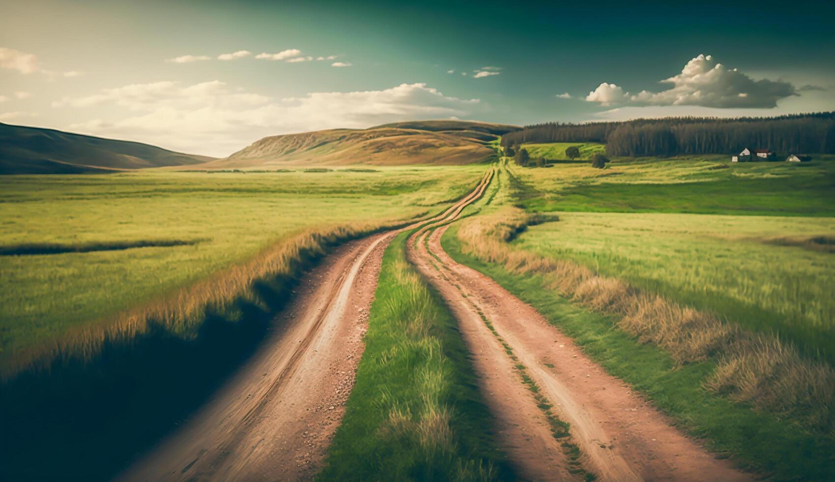 escénico ver de suciedad la carretera y herboso campo con grande cúmulo nubes en el cielo, generativo ai foto