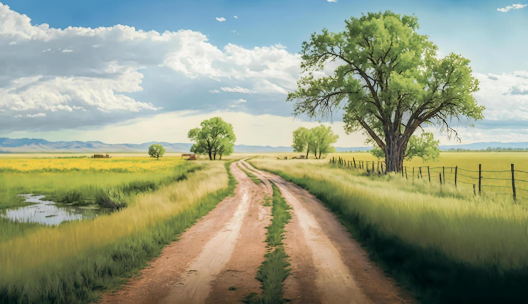 Scenic view of dirt road and grassy field with large cumulus clouds in the sky, photo