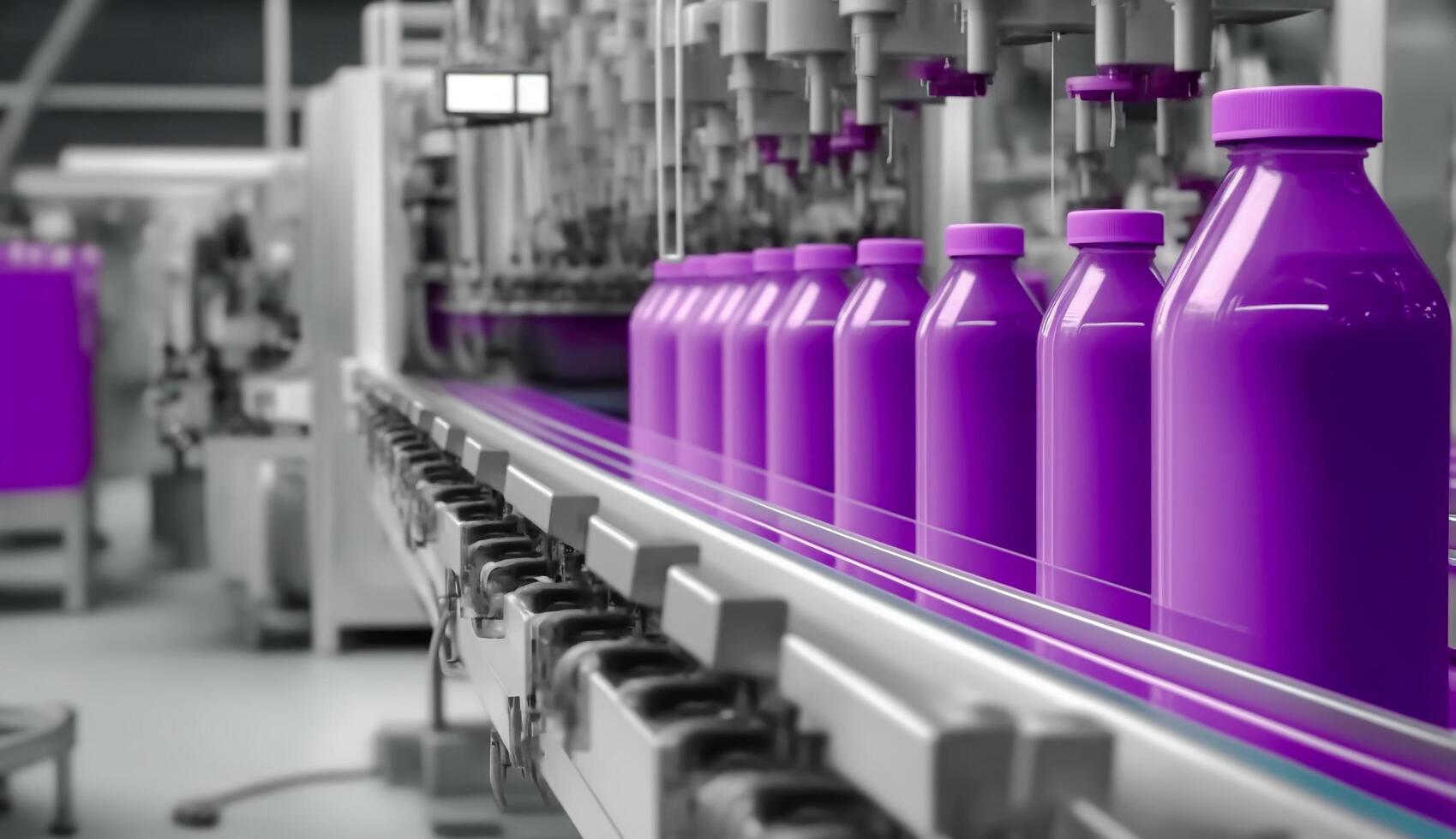 belt or line in fresh violet beverage with modern automated industrial machine equipment, Bottling plant and colorful juice beverage plastic bottle in factory, photo