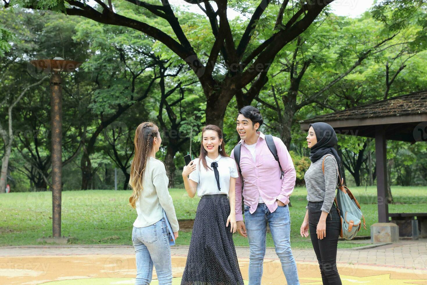 Young asian malay chinese man woman outdoor park walk stand study talk discuss point laptop file book backpack mingle fun photo