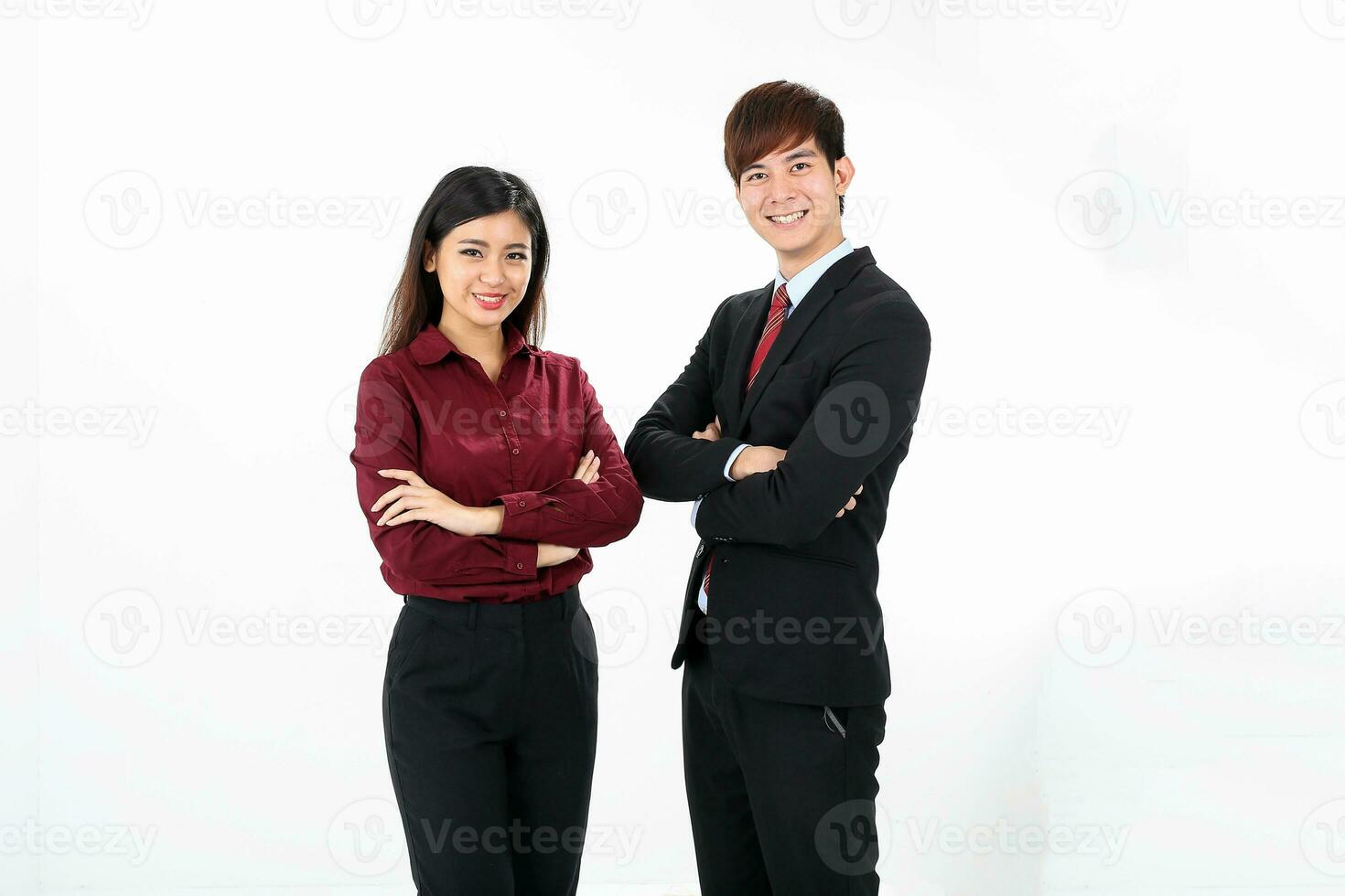 Young attractive man woman business office white background stand looking towards camera photo