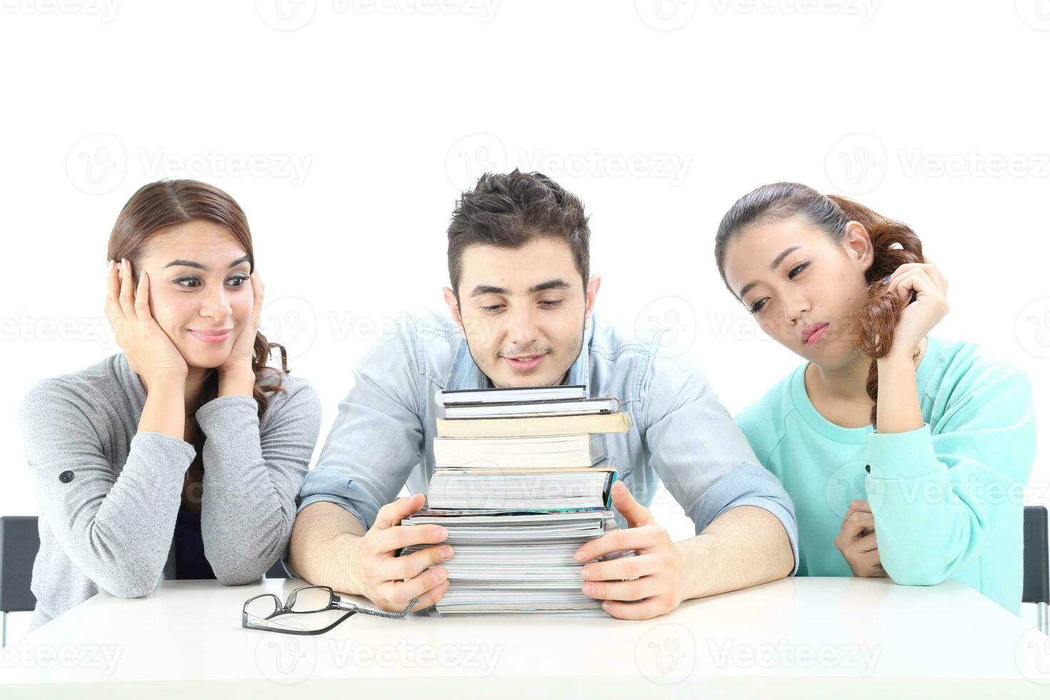 Yong south east Asian middle eastern Caucasian youth man woman in casual dress walk talk fun sit at table book notebook pen laptop computer study think read on white background photo