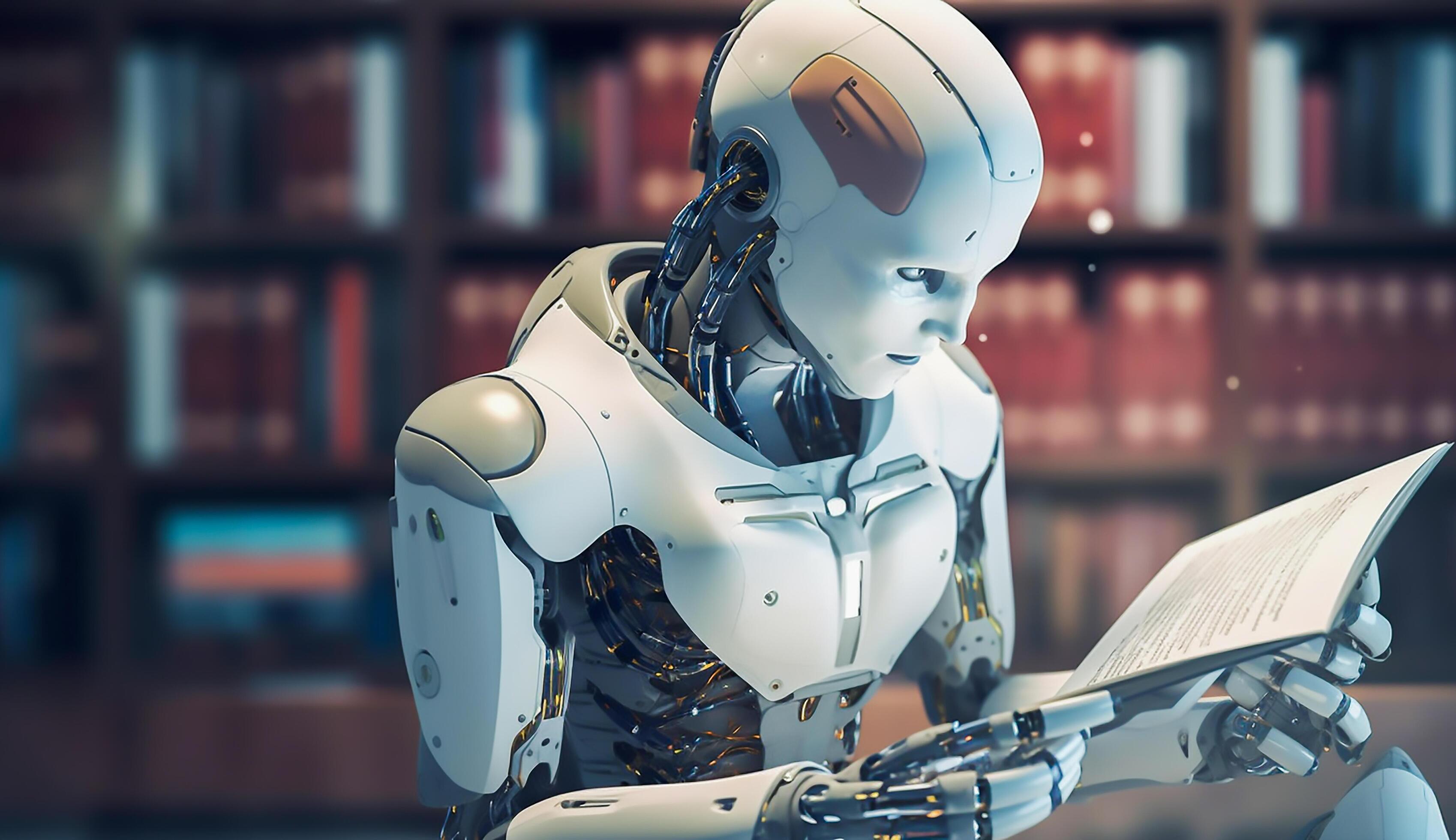 AI robot reading book, learning and knowledge of AI intelligen