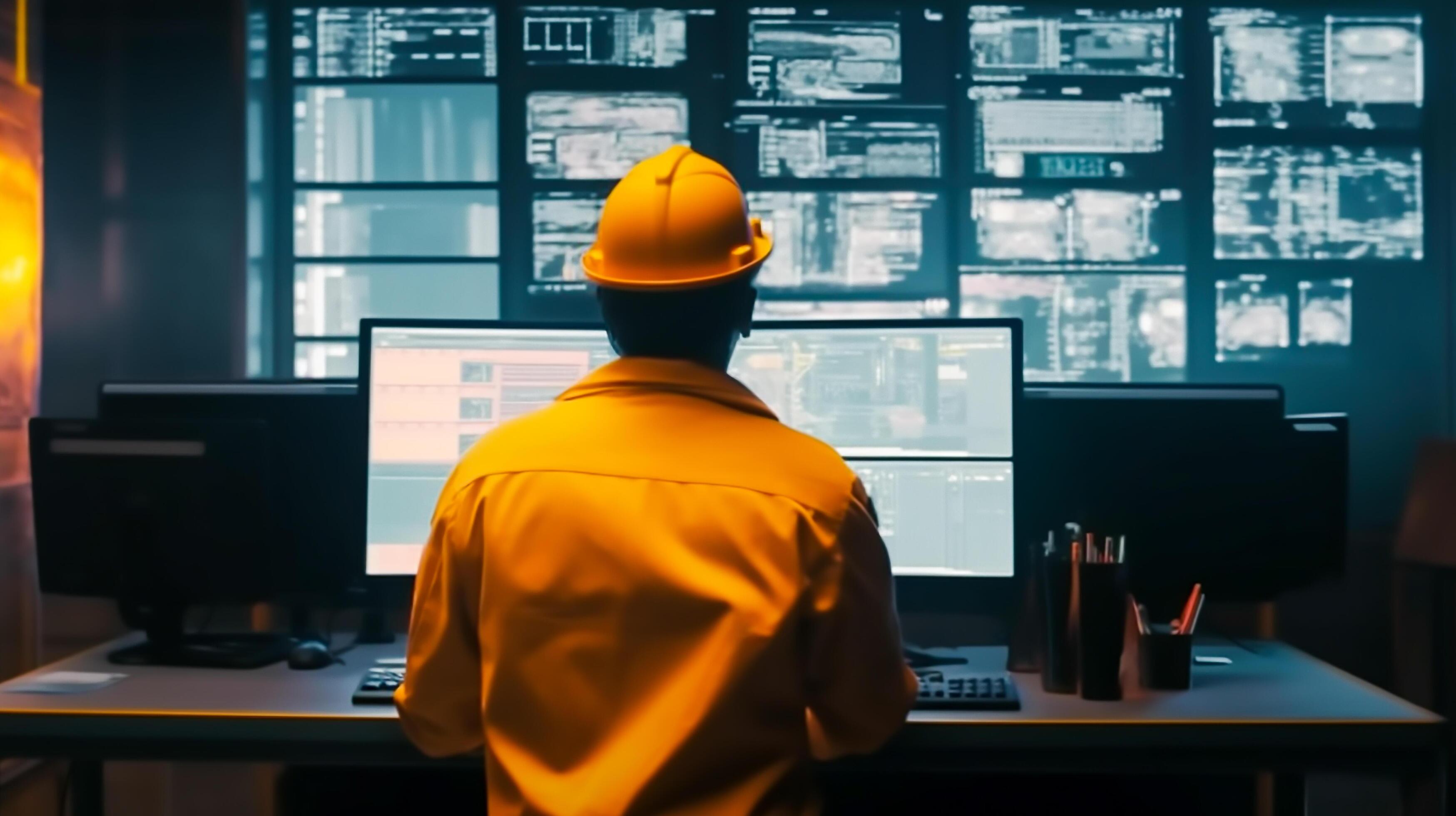 Back view of engineer in safety helmet and uniforms on Big Screen monitor computer working