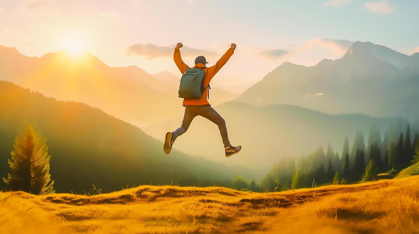 Success and adventure concept, successful hiker man jumping on the top of the mountain in morning sunrise, . photo