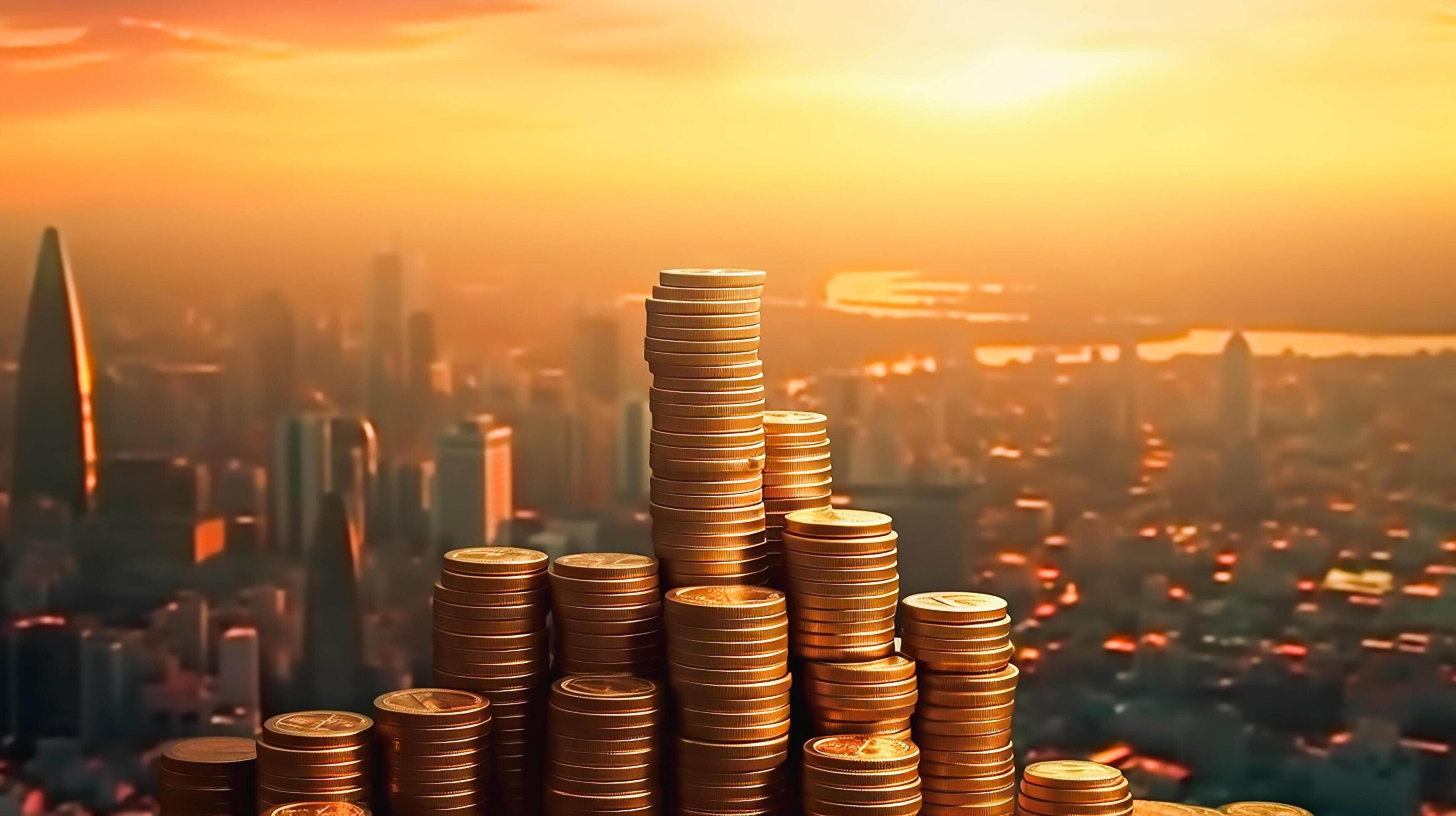 Stacked of coin money tall as towers in sun rise, financial business