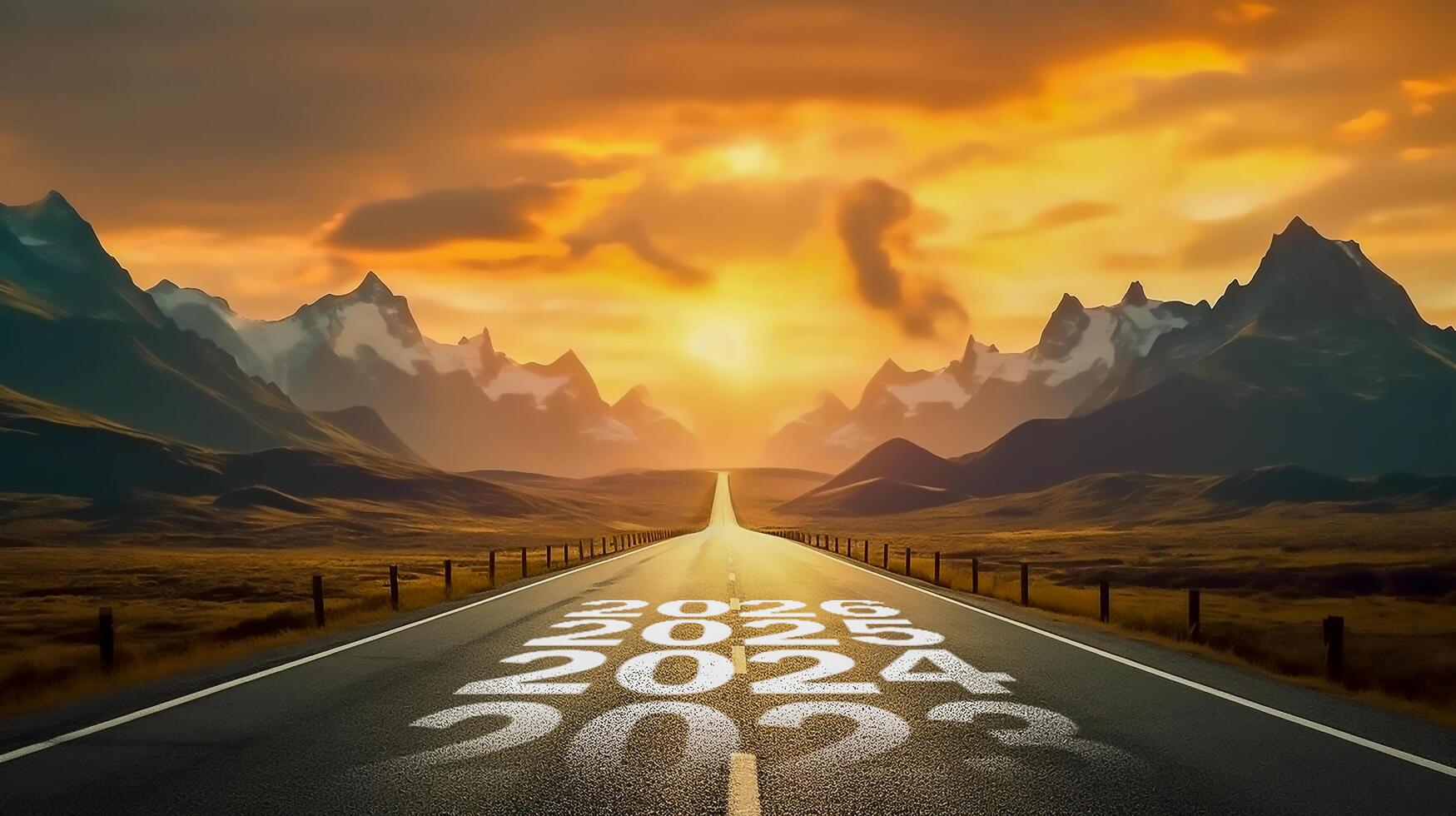 New year 2024 of long road straight forward to beuatiful mountain and future vision and road to success concept, photo