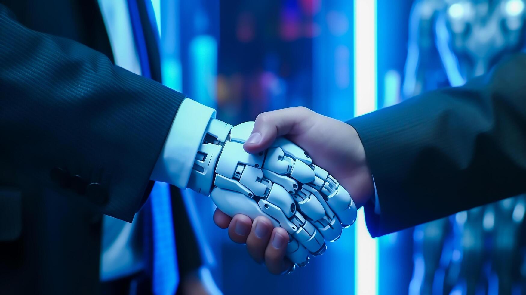 Close up hand of white AI modern robot shake hand with human in lab, successful cooperation concept, photo