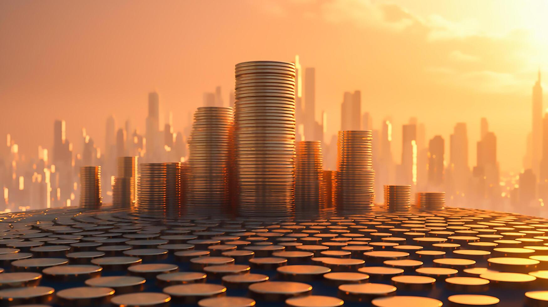 Stacked of coin money tall as towers in sun rise, financial business