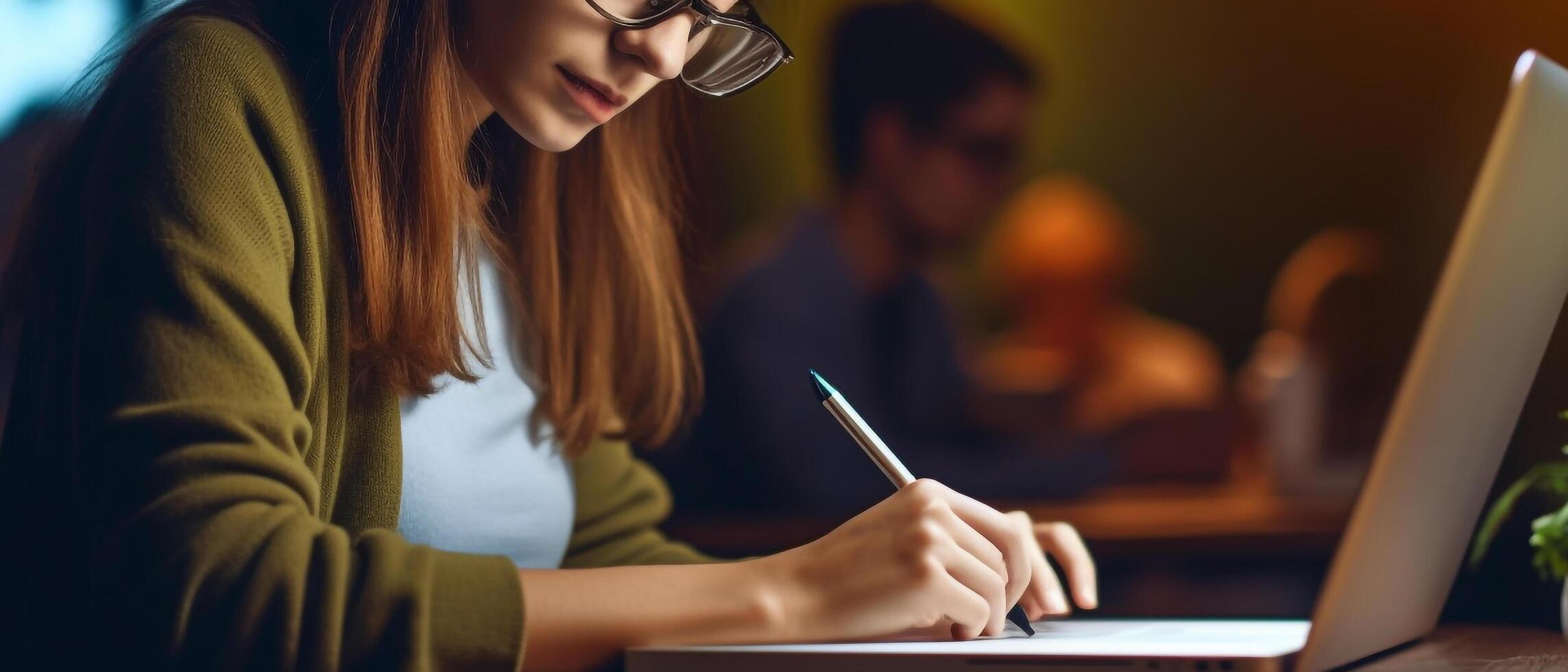 aprendizaje y conocimiento concepto, joven mujer estudiante ocupado estudiar hacer notas en cuaderno y utilizando ordenador portátil concentrado en línea formación curso tecnología educación, generativo ai foto