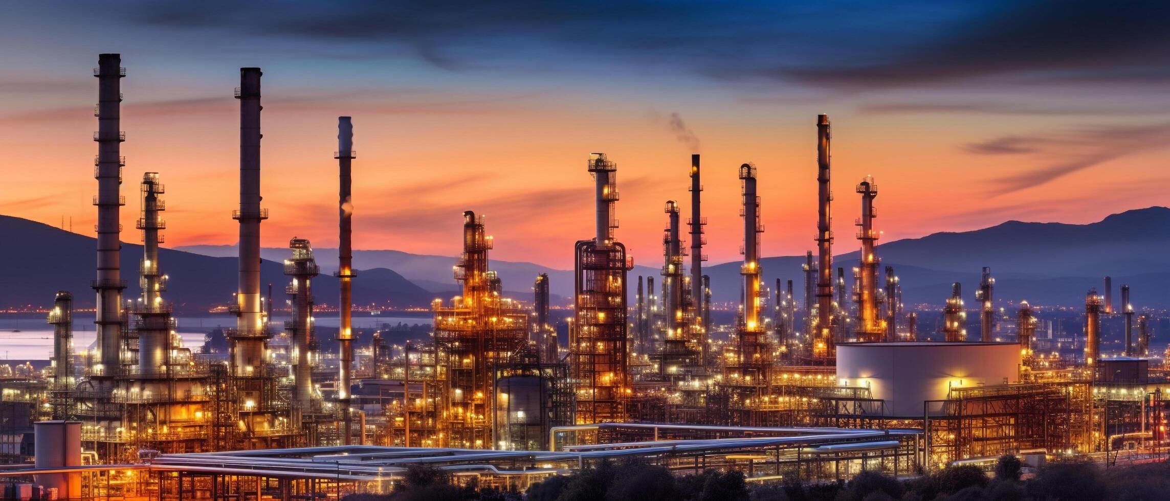 petróleo refinería campo a noche, el petroquímico industria, generativo ai foto