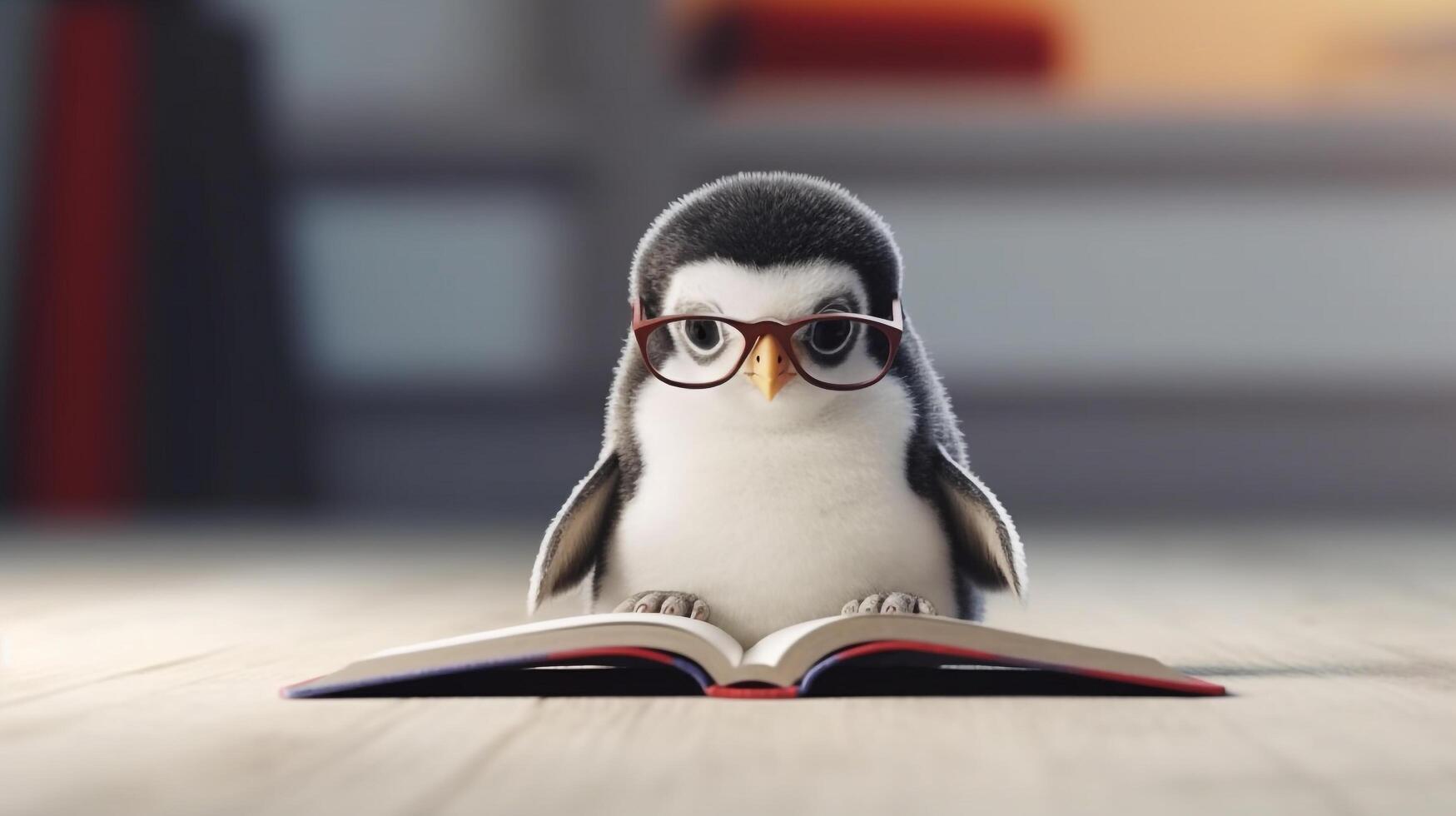 a cute penguin wearing glasses reading book in living room, learning and knowladge and wisdom concept, photo