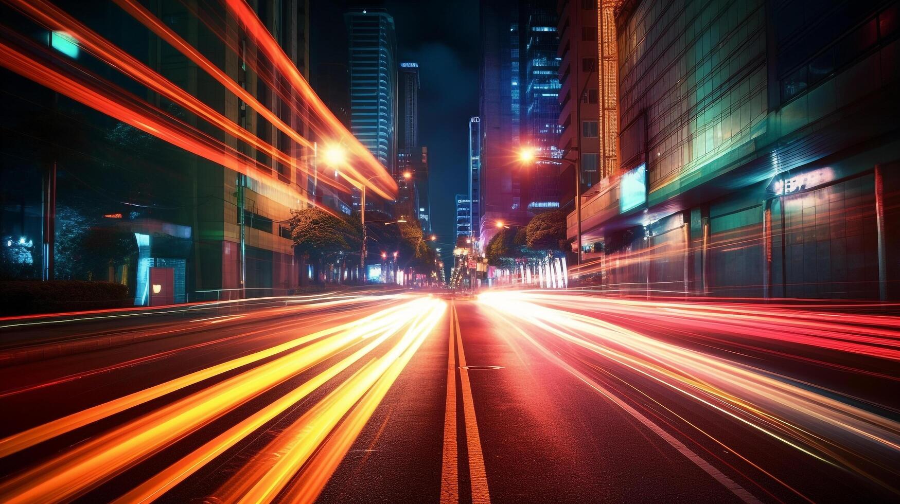 abstract long exposure dynamic speed light on road in city, photo