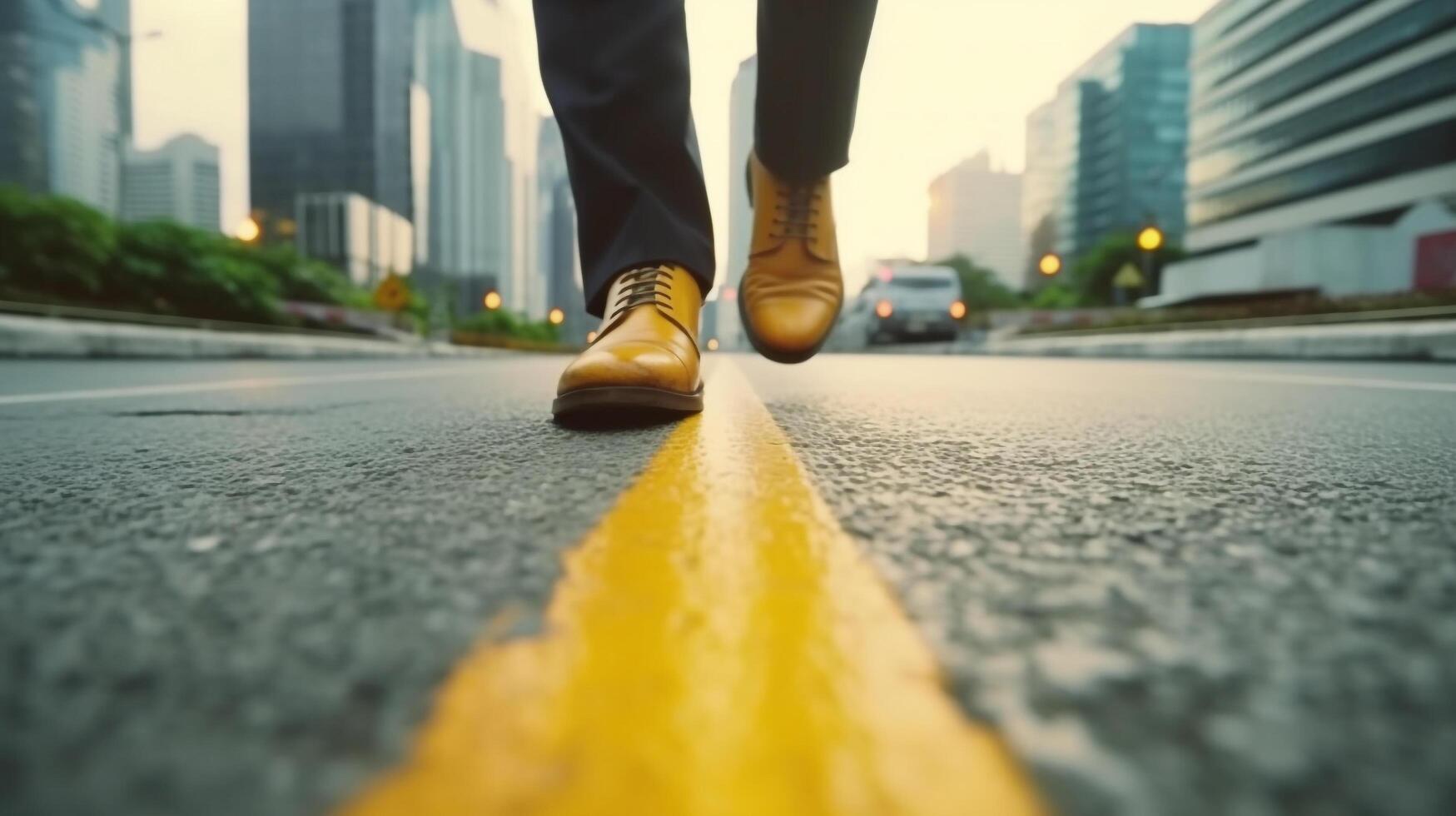 businessman walk on road and start to success, close up shoes walking, goal and target concept, photo