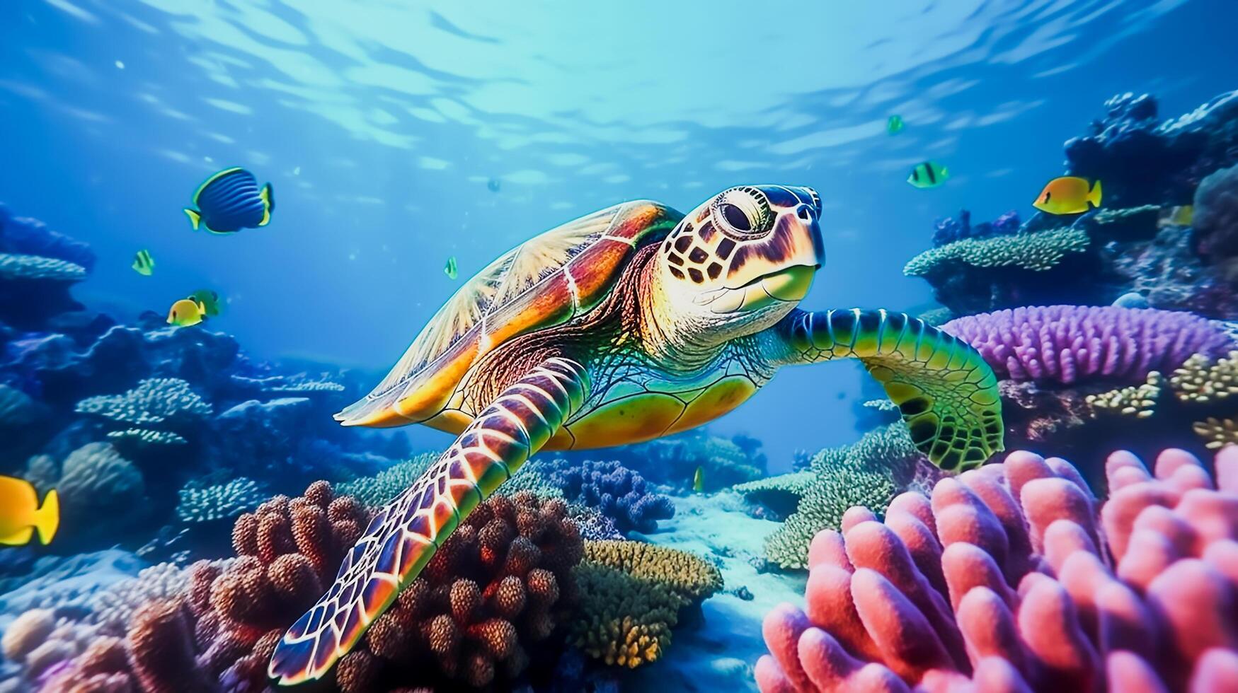 turtle with group of colorful fish and sea animals with colorful coral underwater in ocean, photo