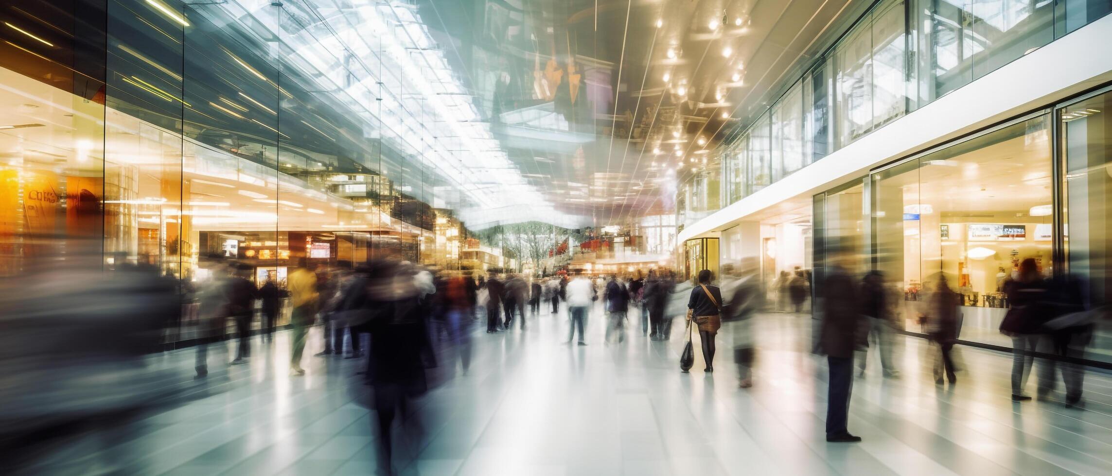 group of people go shopping in fast movement in mall, photo