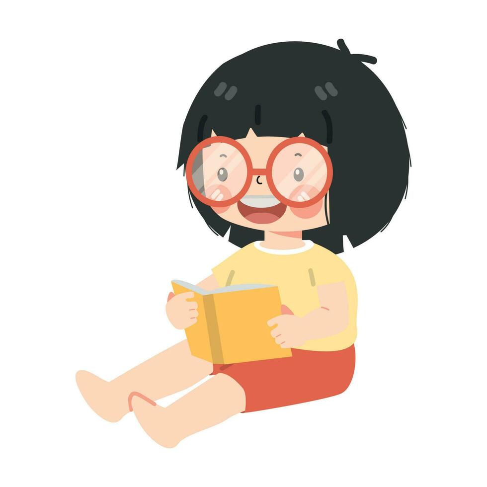 kid girl reading book cartoon vector