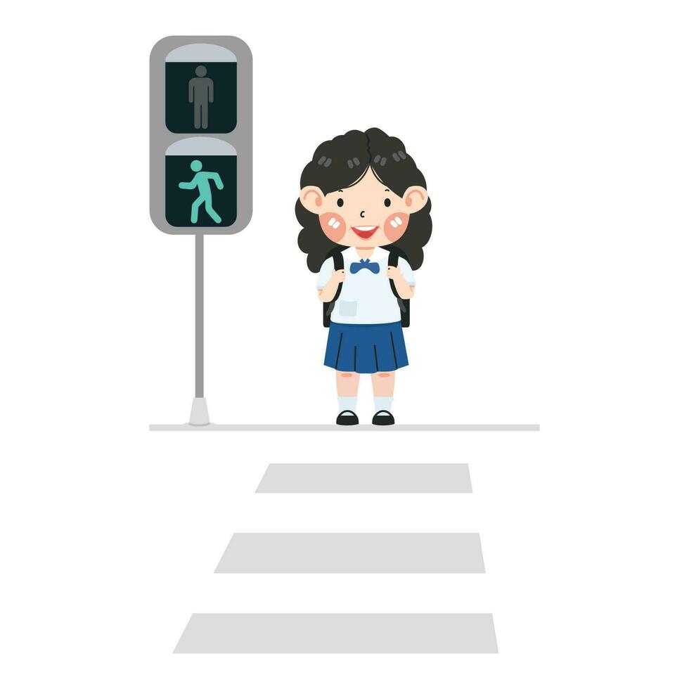 niño niña estudiante caminando a través de paso de peatones vector