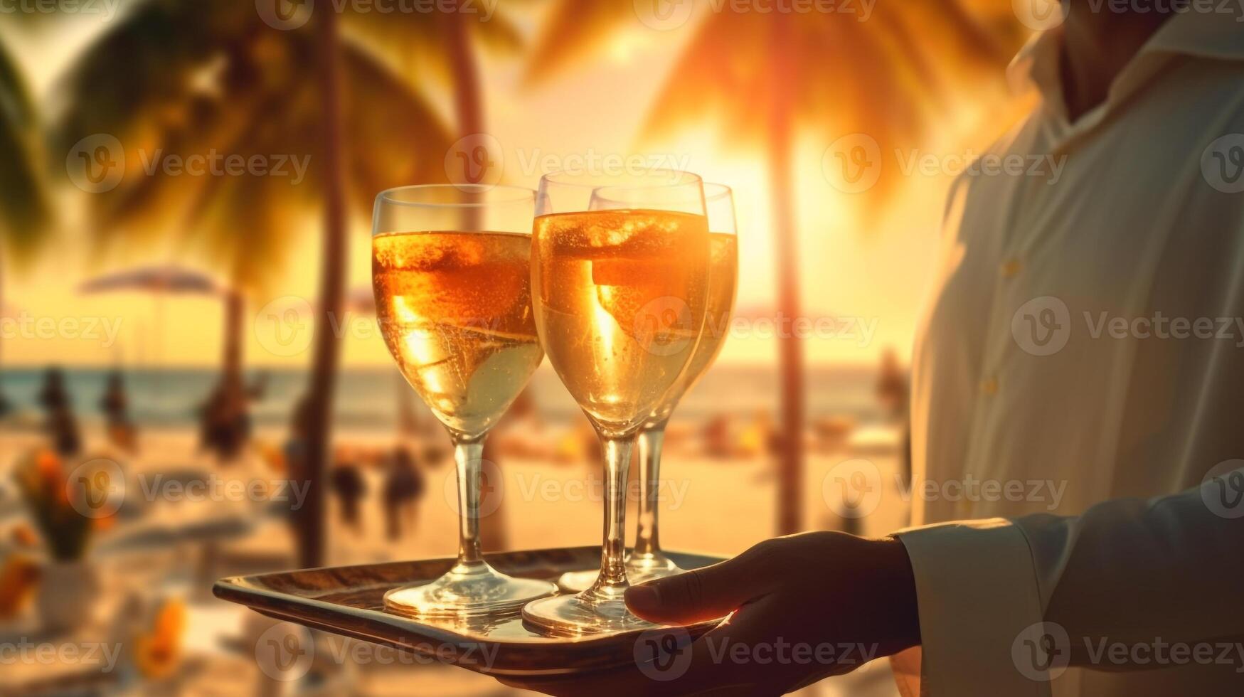 Waiter serving champagne on a tray. Summer beach sunset holiday vacation at beach with palm trees, photo