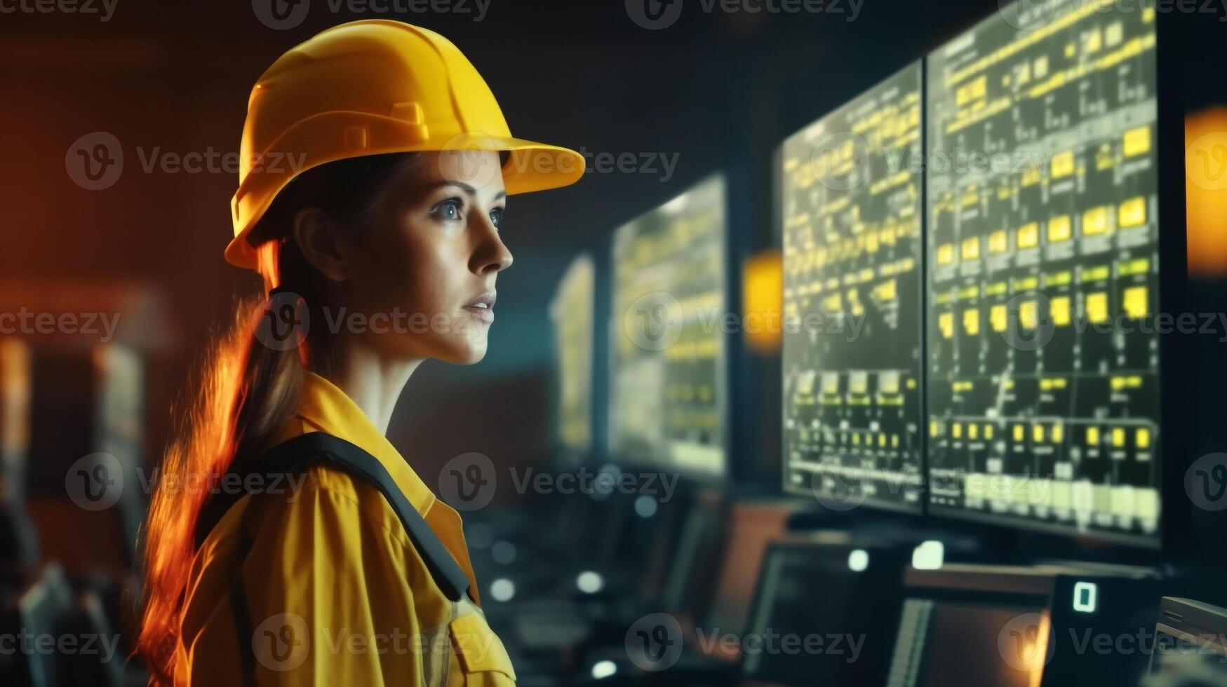 engineer woman in safety helmet and uniforms on Big Screen monitor computer working control machine in factory, photo