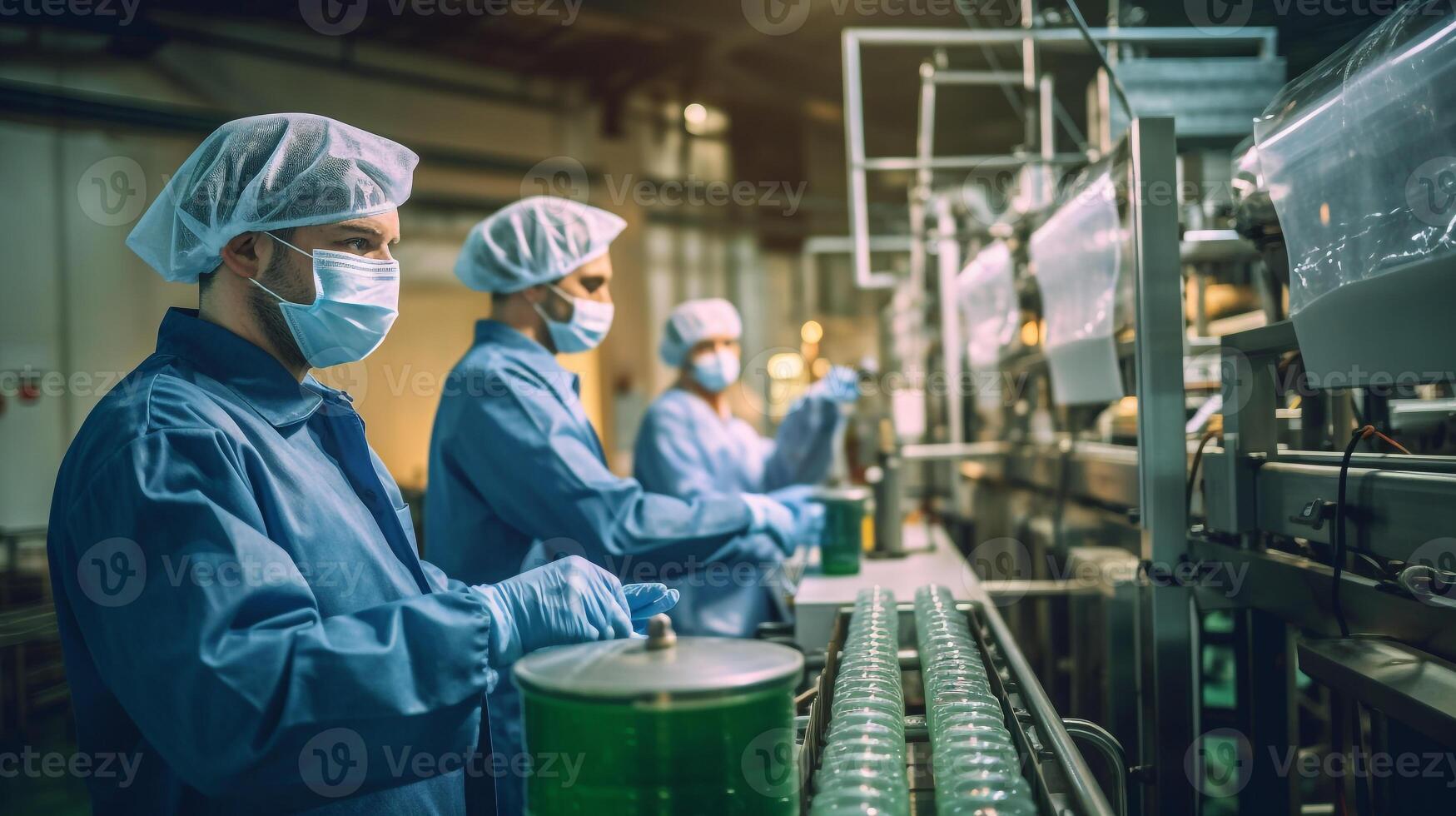 Staff wearing face mask in uniform check drink beverage in industry at conveyor belt production line machine in beverage factory, photo