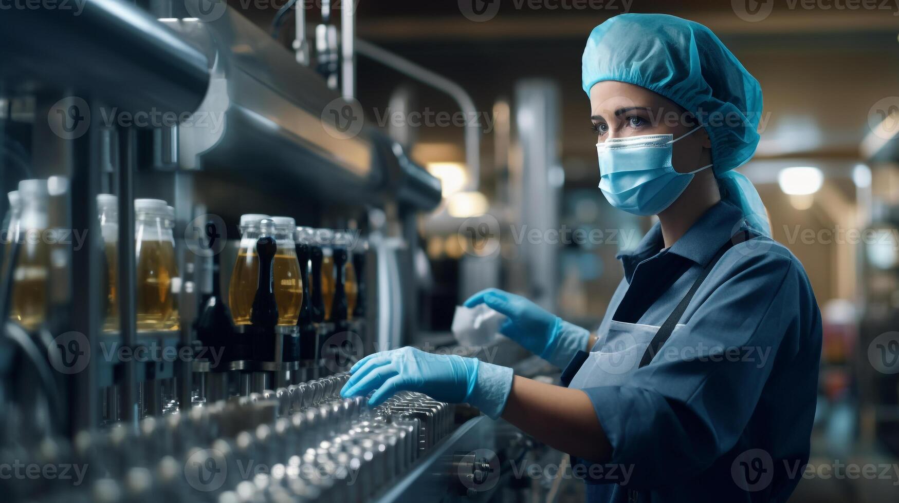 Staff wearing face mask in uniform check drink beverage in industry at conveyor belt production line machine in beverage factory, photo