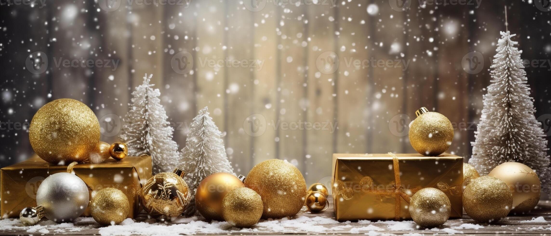 Christmas banner background, vintage gift boxes and balls on full with snow, photo