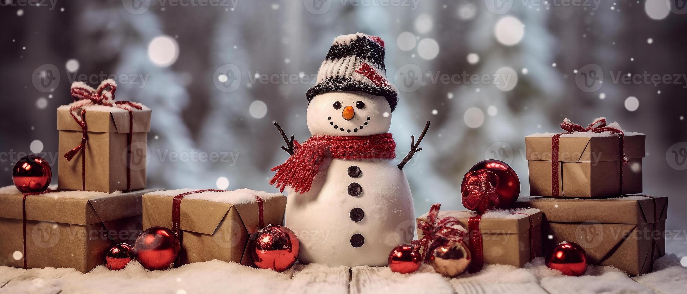 Navidad bandera fondo, pequeño monigote de nieve con Clásico regalo cajas en madera mesa lleno con nieve, generativo ai foto
