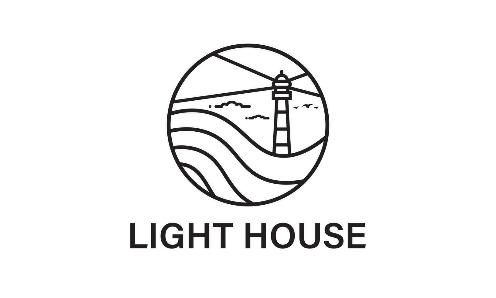 Lighthouse Tower Island with searching light. Simple Line Art logo design inspiration vector
