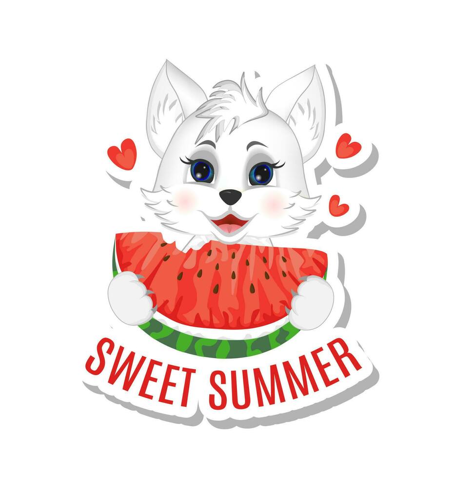 Sticker Sweet Summer. Greeting postcard. Little cute  white cat is eating a slice of waterlemon. vector