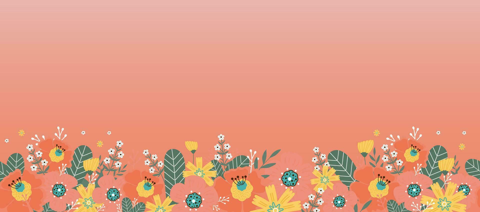 Floral seamless border. Flowers and leaves on pink background. vector