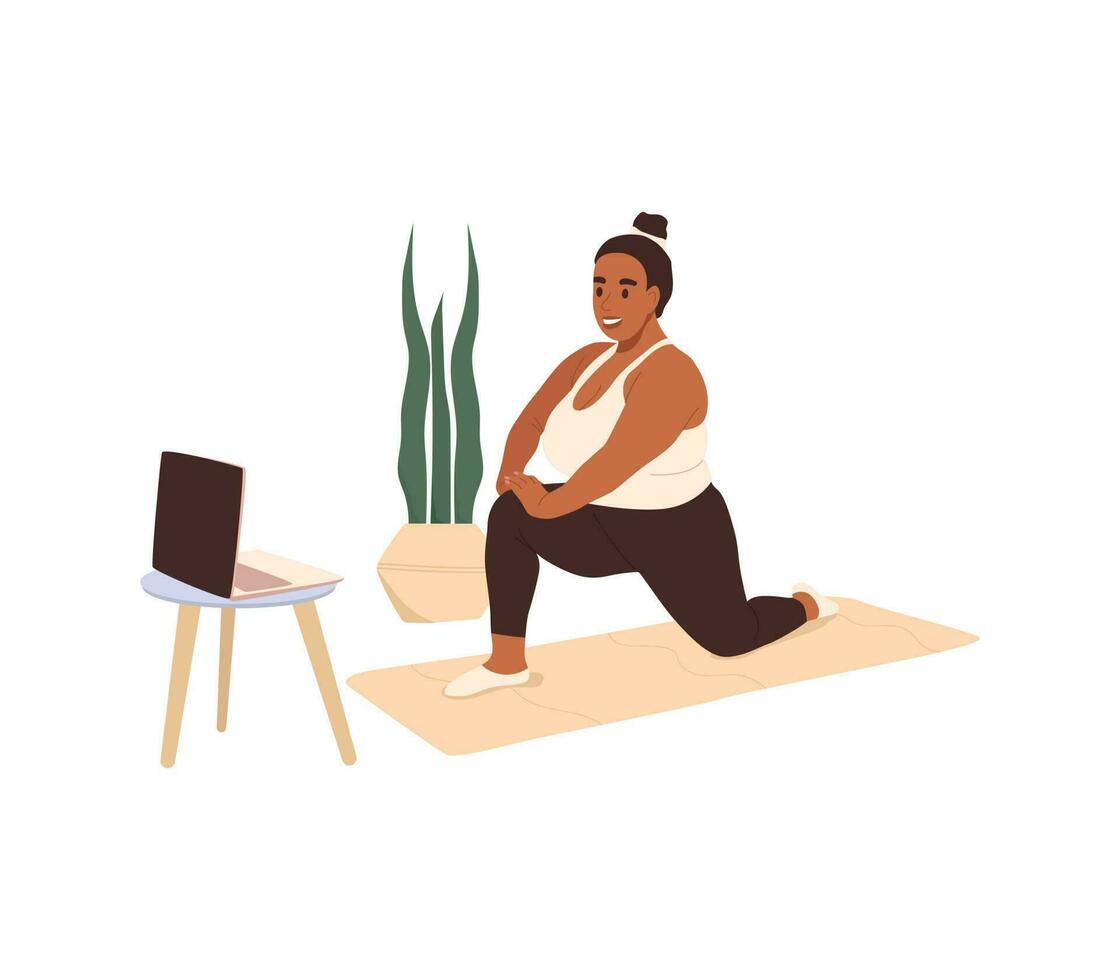 joven africano mujer tomando pilates o yoga aptitud clase con ordenador portátil a hogar. deporte sano personas estilo de vida concepto. vector ilustración aislado en el blanco antecedentes